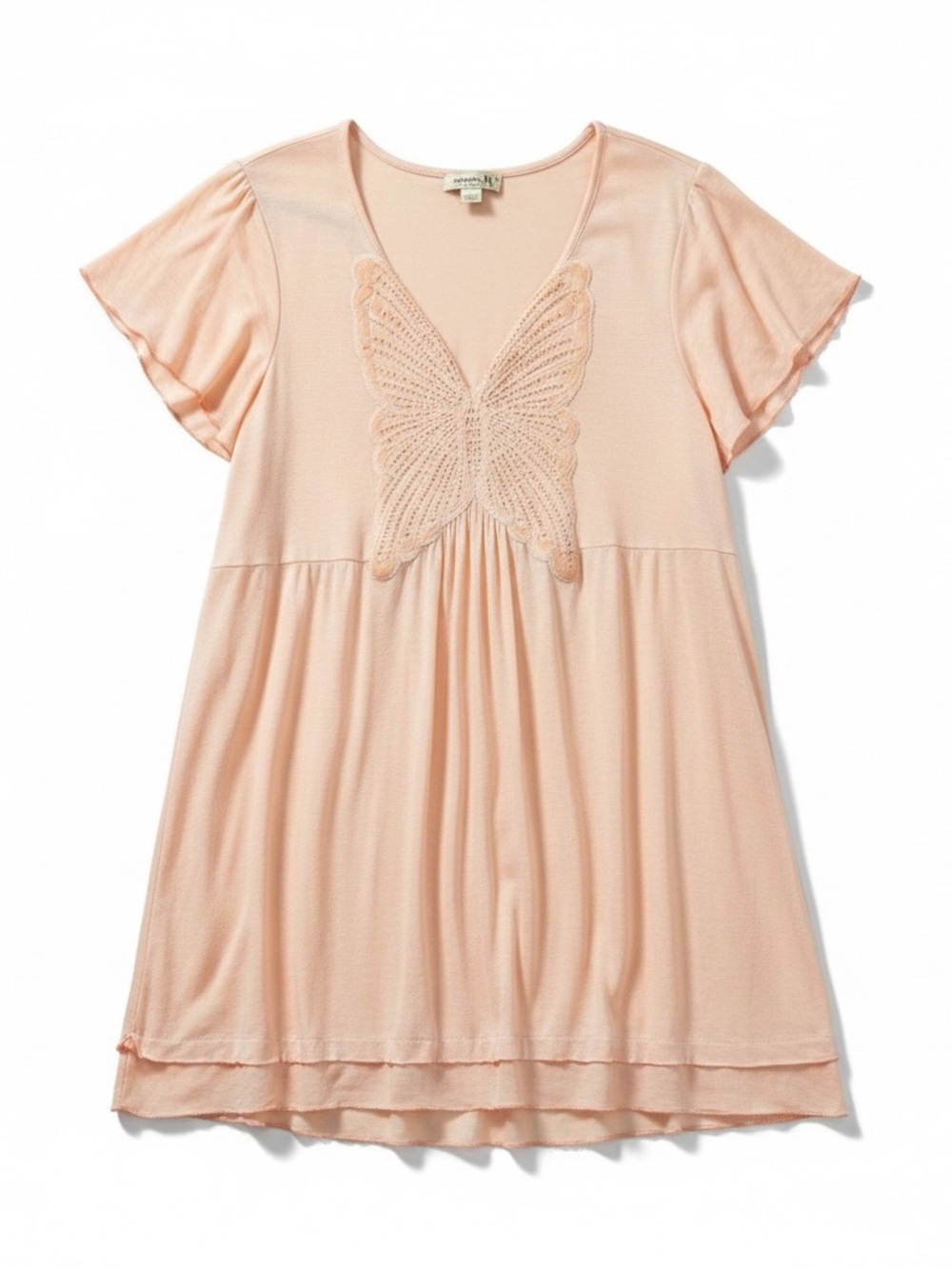 One World Sz L Peach Butterfly Short Sleeve Lightweight Top Flawed | EUC